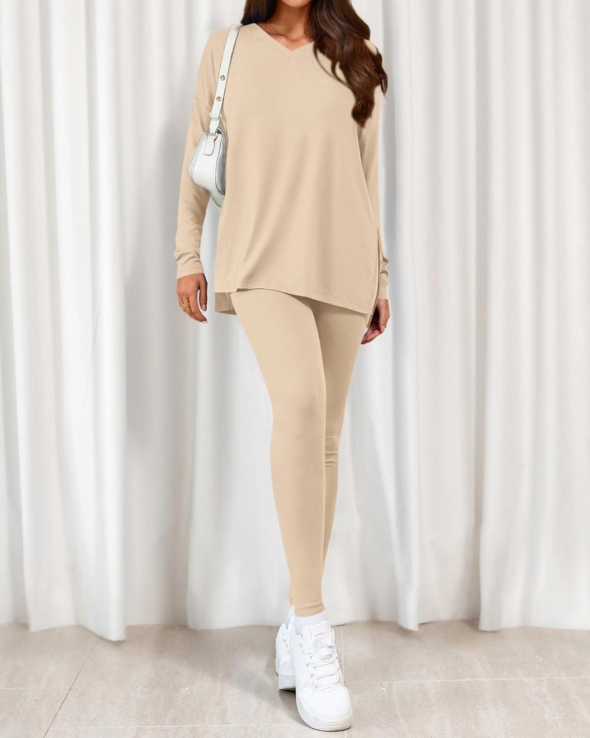 imageBTFBM Two Piece Sets for Women 2026 Casual Lounge Set Matching Oversized Shirts Leggings Workout Airport Travel OutfitsBeige