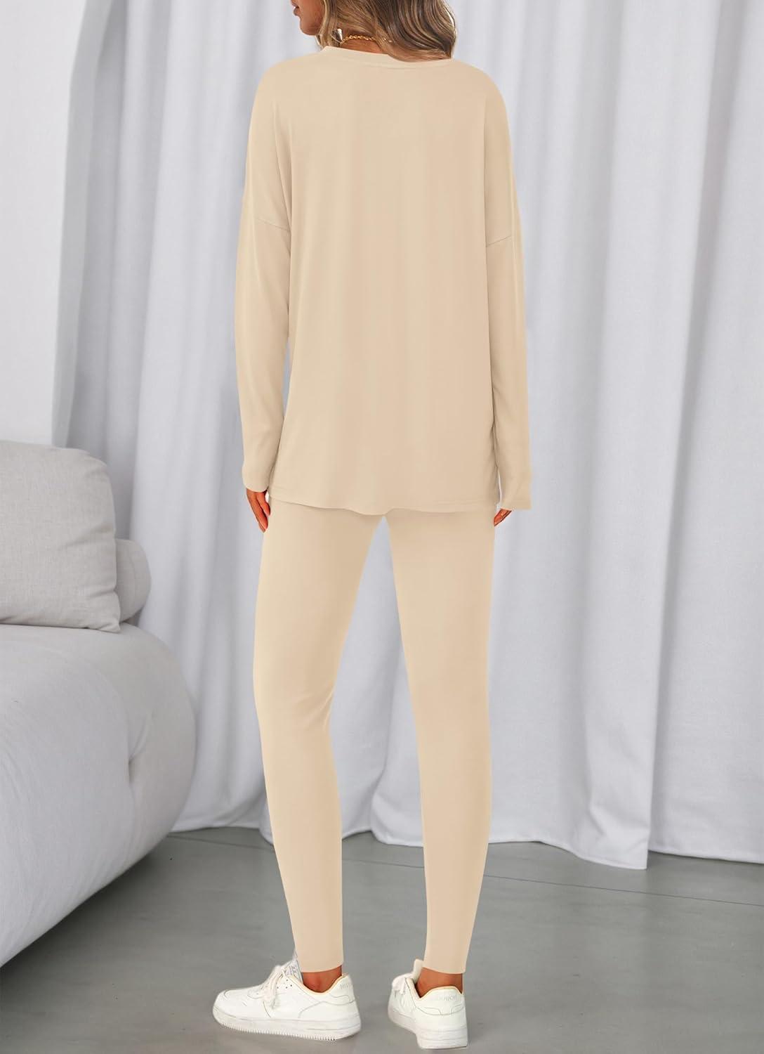 imageBTFBM Two Piece Sets for Women 2026 Casual Lounge Set Matching Oversized Shirts Leggings Workout Airport Travel OutfitsBeige