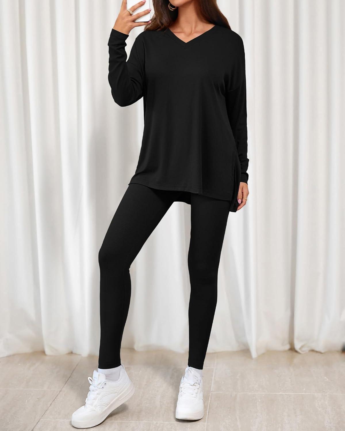 imageBTFBM Two Piece Sets for Women 2026 Casual Lounge Set Matching Oversized Shirts Leggings Workout Airport Travel OutfitsBlack