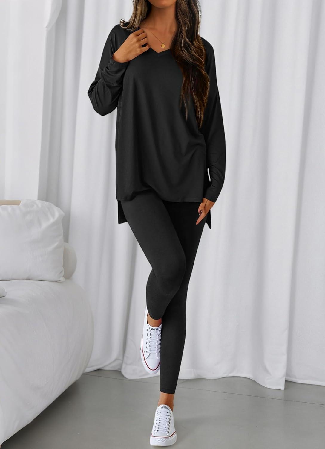 imageBTFBM Two Piece Sets for Women 2026 Casual Lounge Set Matching Oversized Shirts Leggings Workout Airport Travel OutfitsBlack