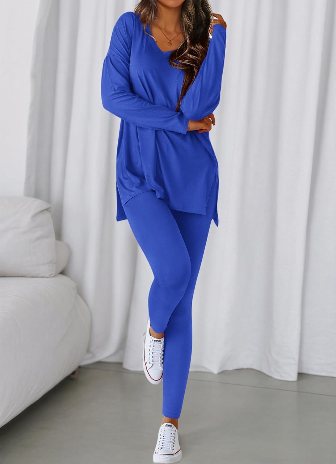 imageBTFBM Two Piece Sets for Women 2026 Casual Lounge Set Matching Oversized Shirts Leggings Workout Airport Travel OutfitsBlue