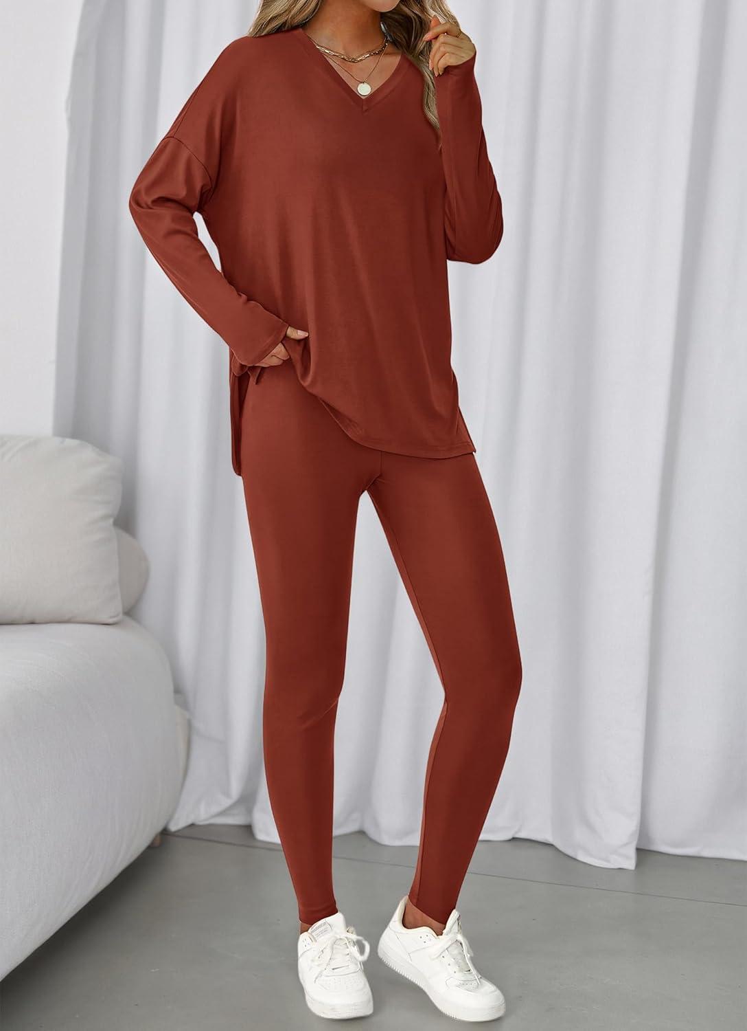 imageBTFBM Two Piece Sets for Women 2026 Casual Lounge Set Matching Oversized Shirts Leggings Workout Airport Travel OutfitsBrown