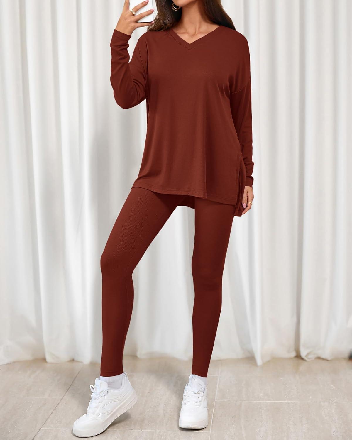 imageBTFBM Two Piece Sets for Women 2026 Casual Lounge Set Matching Oversized Shirts Leggings Workout Airport Travel OutfitsBrown
