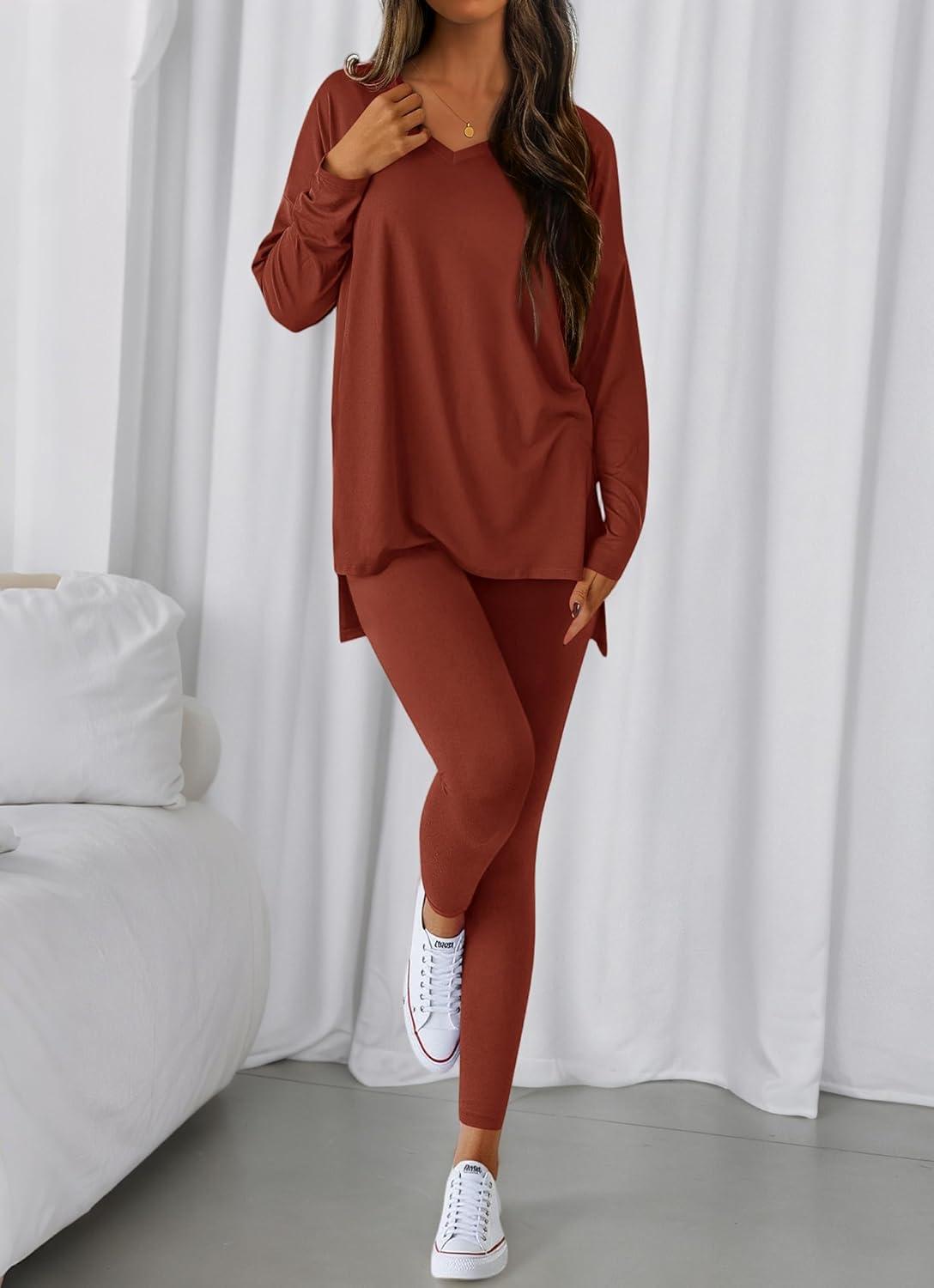 imageBTFBM Two Piece Sets for Women 2026 Casual Lounge Set Matching Oversized Shirts Leggings Workout Airport Travel OutfitsBrown