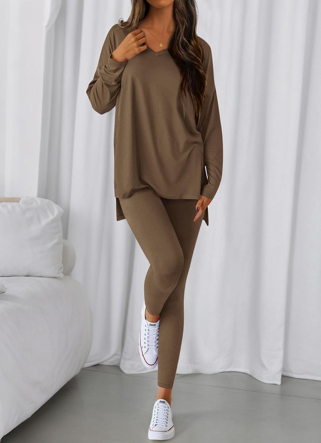 imageBTFBM Two Piece Sets for Women 2026 Casual Lounge Set Matching Oversized Shirts Leggings Workout Airport Travel OutfitsDark Brown