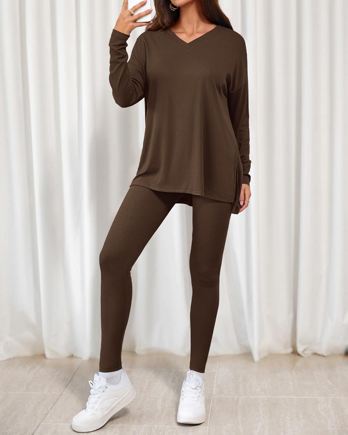 imageBTFBM Two Piece Sets for Women 2026 Casual Lounge Set Matching Oversized Shirts Leggings Workout Airport Travel OutfitsDark Brown