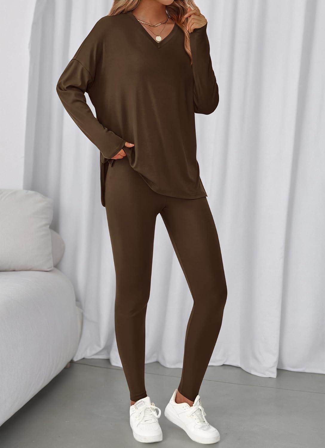 imageBTFBM Two Piece Sets for Women 2026 Casual Lounge Set Matching Oversized Shirts Leggings Workout Airport Travel OutfitsDark Brown