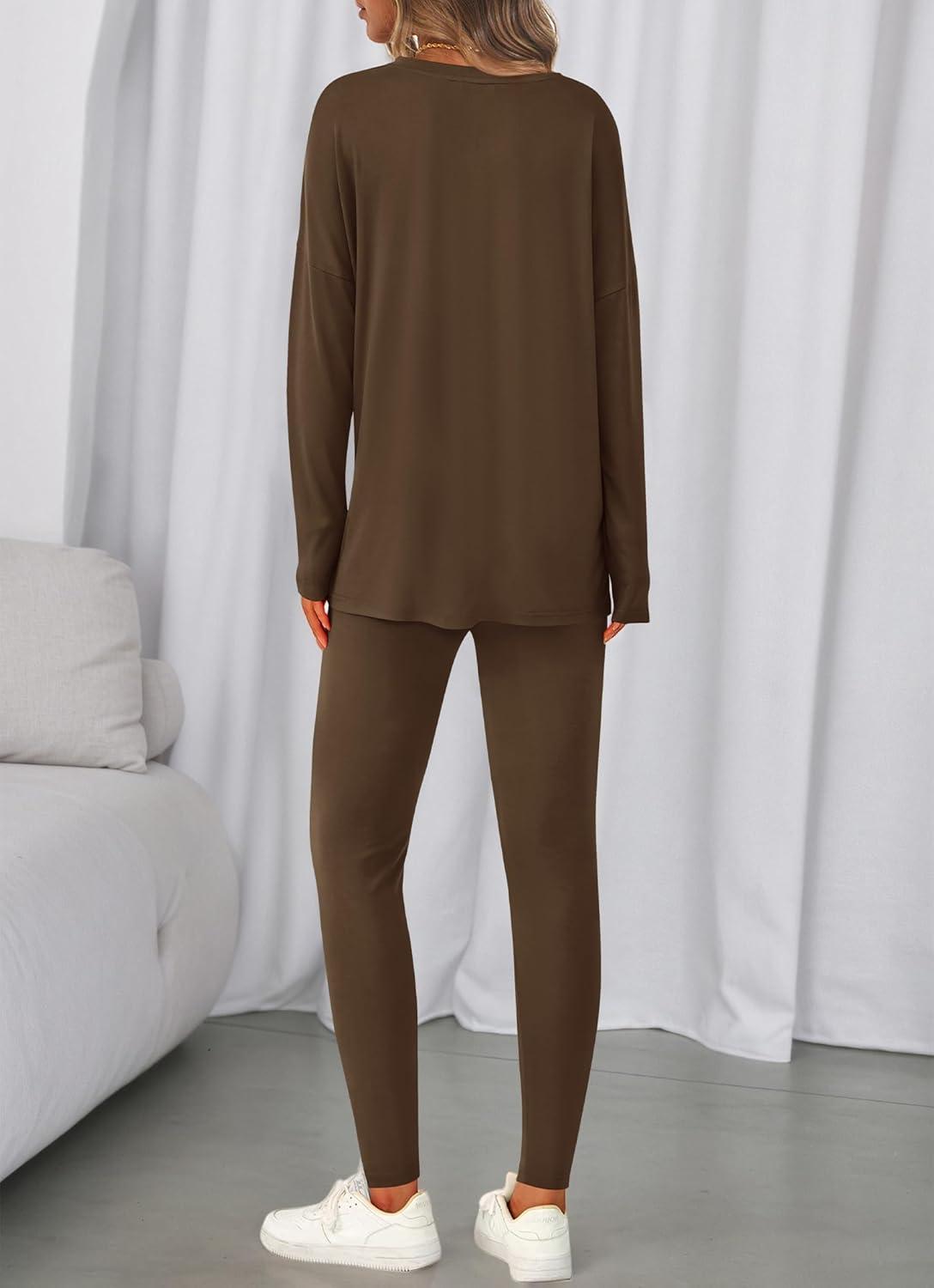 imageBTFBM Two Piece Sets for Women 2026 Casual Lounge Set Matching Oversized Shirts Leggings Workout Airport Travel OutfitsDark Brown