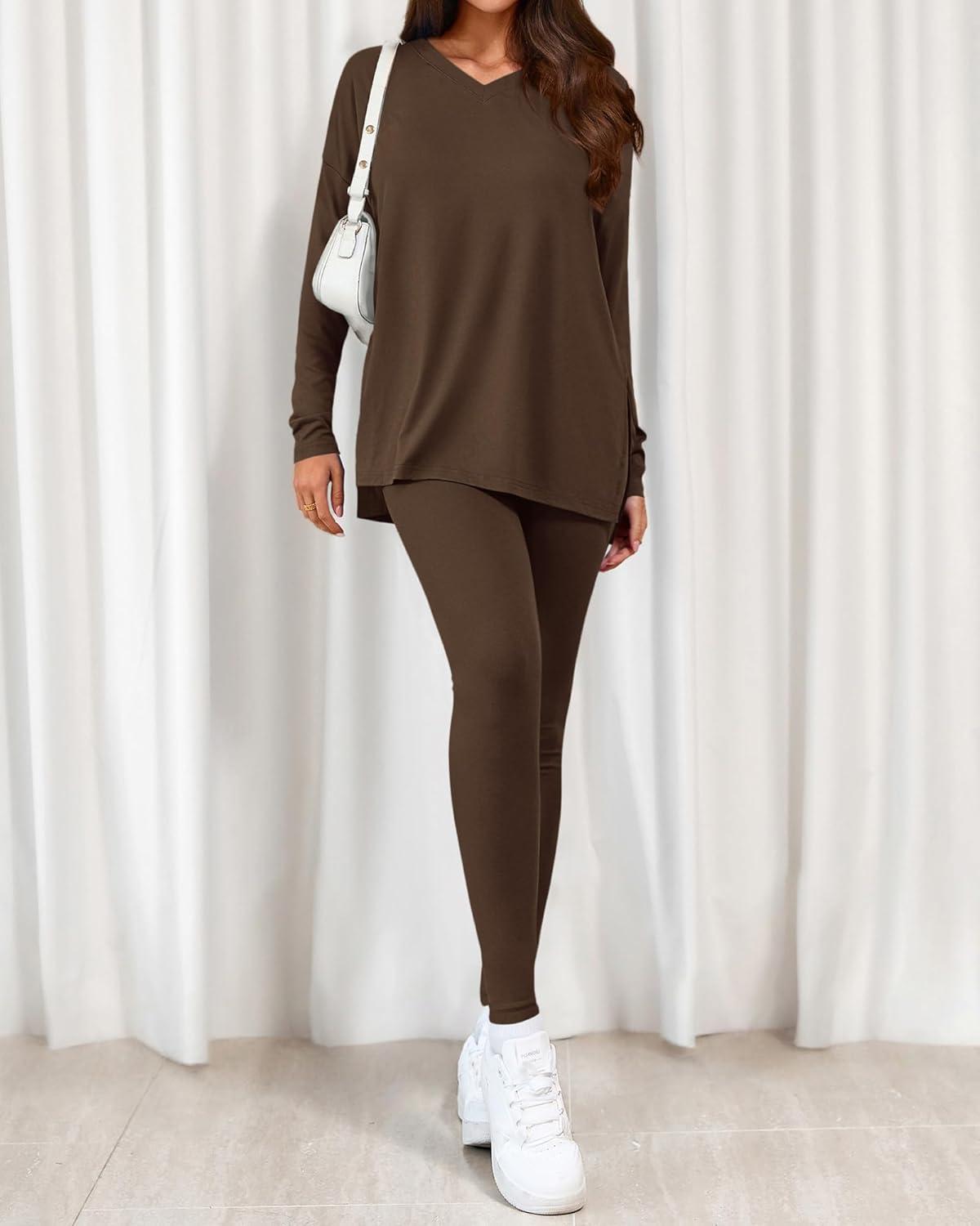 imageBTFBM Two Piece Sets for Women 2026 Casual Lounge Set Matching Oversized Shirts Leggings Workout Airport Travel OutfitsDark Brown