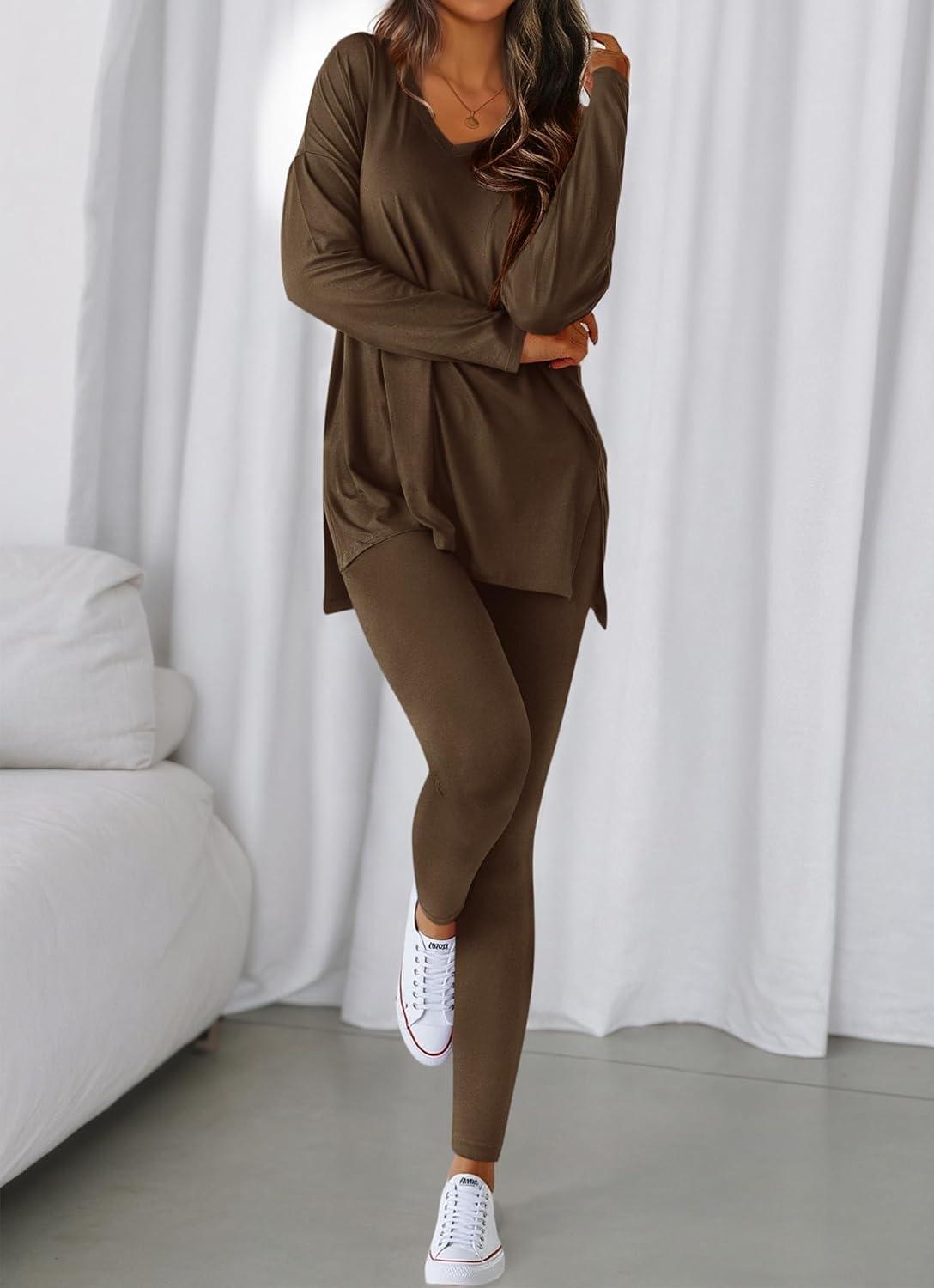 imageBTFBM Two Piece Sets for Women 2026 Casual Lounge Set Matching Oversized Shirts Leggings Workout Airport Travel OutfitsDark Brown