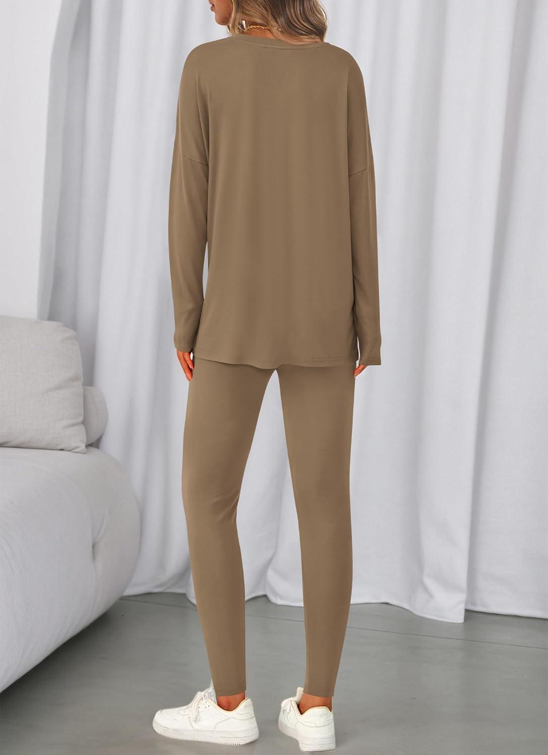 imageBTFBM Two Piece Sets for Women 2026 Casual Lounge Set Matching Oversized Shirts Leggings Workout Airport Travel OutfitsDark Khaki