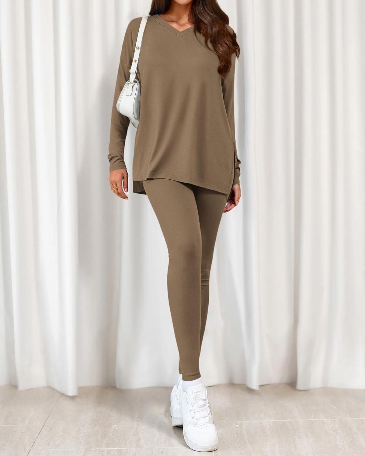 imageBTFBM Two Piece Sets for Women 2026 Casual Lounge Set Matching Oversized Shirts Leggings Workout Airport Travel OutfitsDark Khaki