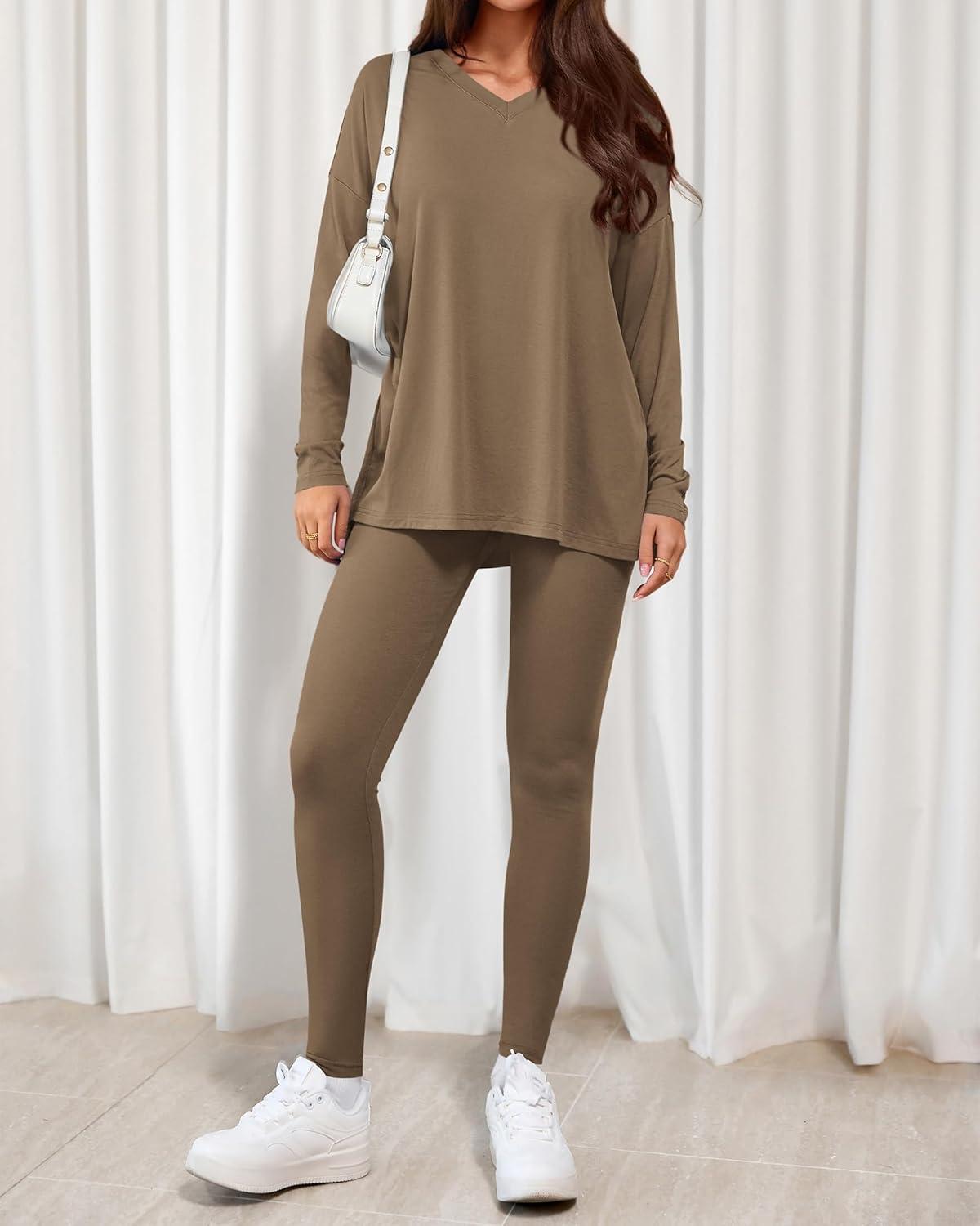 imageBTFBM Two Piece Sets for Women 2026 Casual Lounge Set Matching Oversized Shirts Leggings Workout Airport Travel OutfitsDark Khaki
