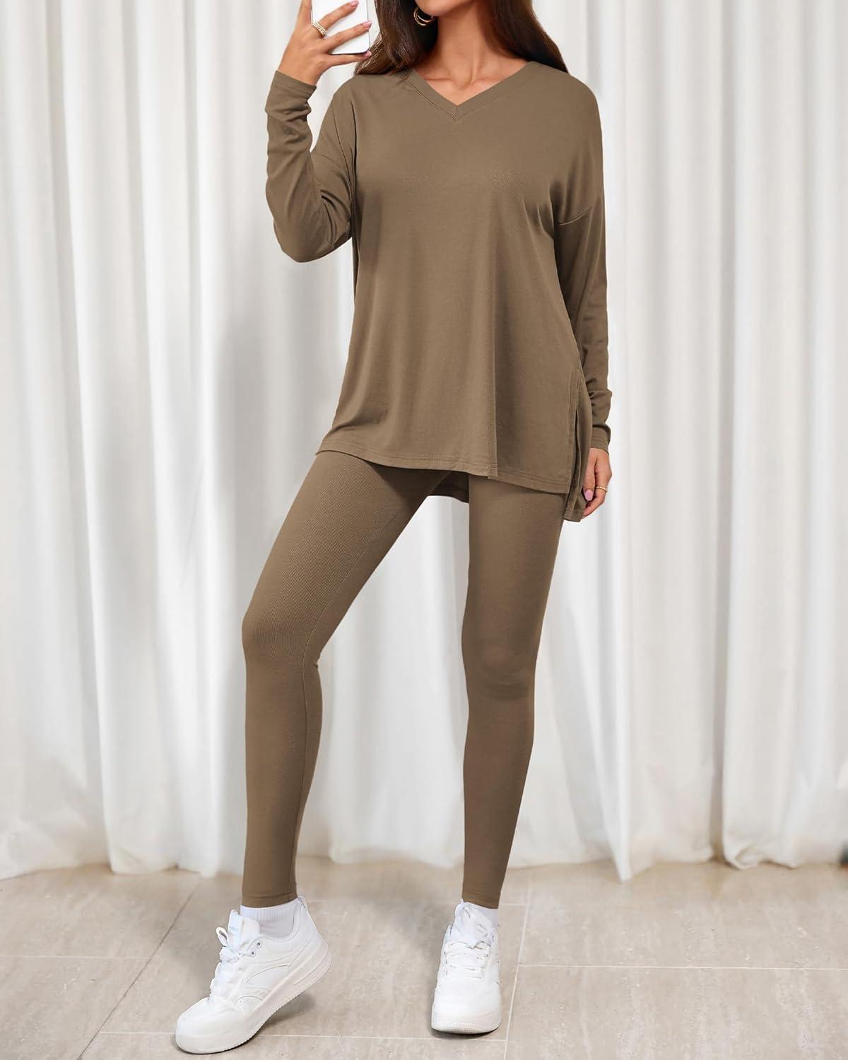 imageBTFBM Two Piece Sets for Women 2026 Casual Lounge Set Matching Oversized Shirts Leggings Workout Airport Travel OutfitsDark Khaki