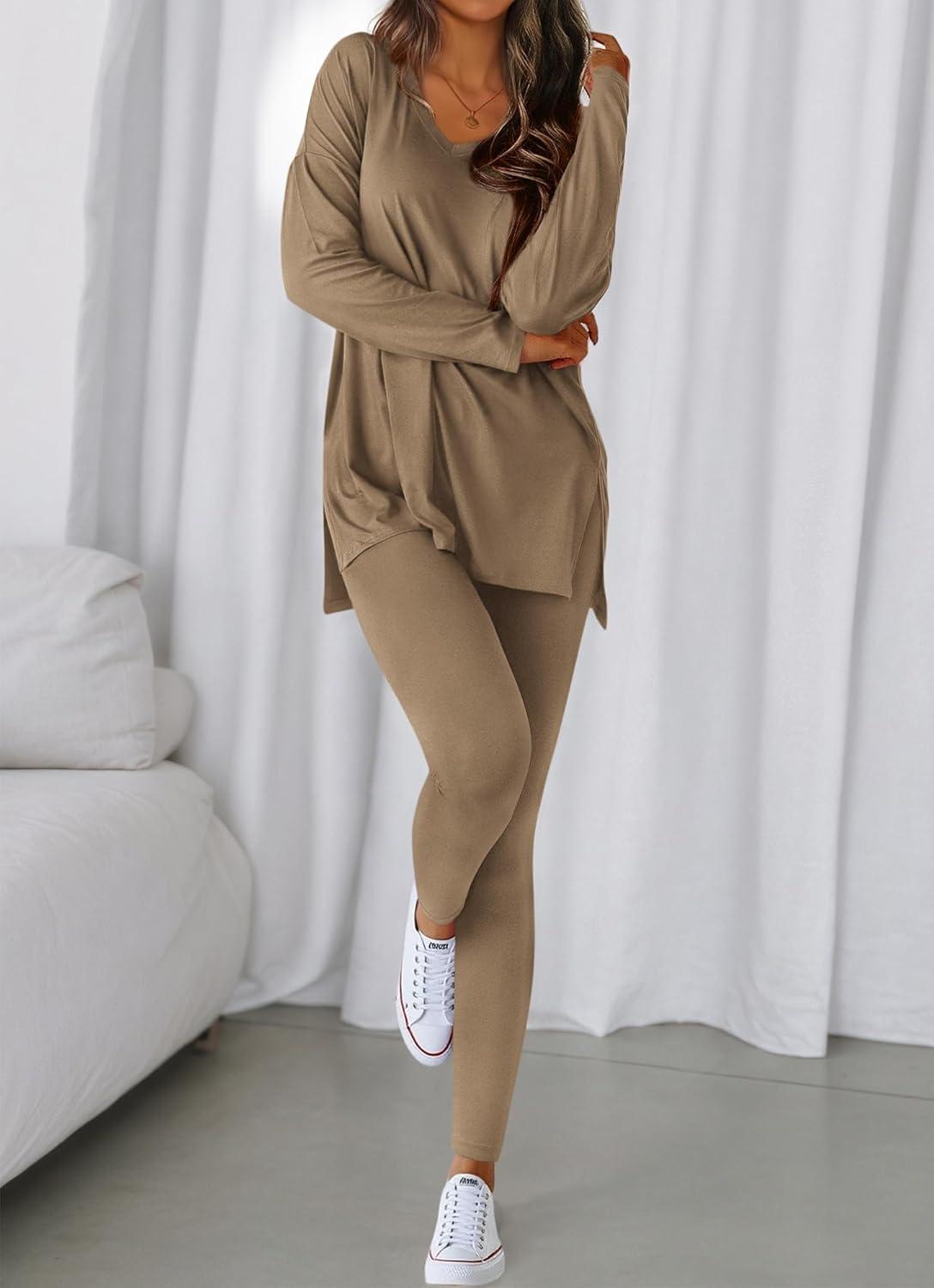 imageBTFBM Two Piece Sets for Women 2026 Casual Lounge Set Matching Oversized Shirts Leggings Workout Airport Travel OutfitsDark Khaki