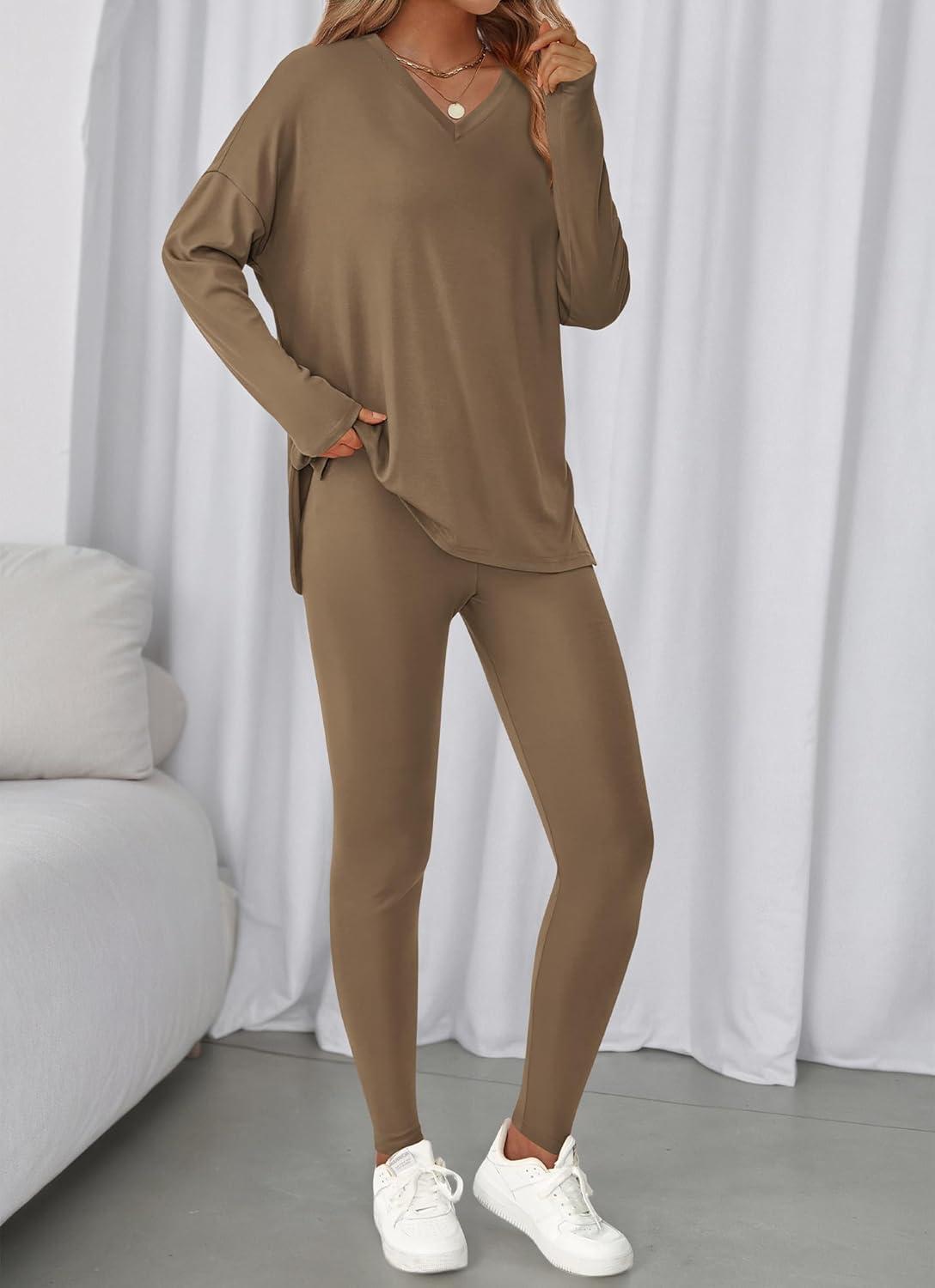 imageBTFBM Two Piece Sets for Women 2026 Casual Lounge Set Matching Oversized Shirts Leggings Workout Airport Travel OutfitsDark Khaki