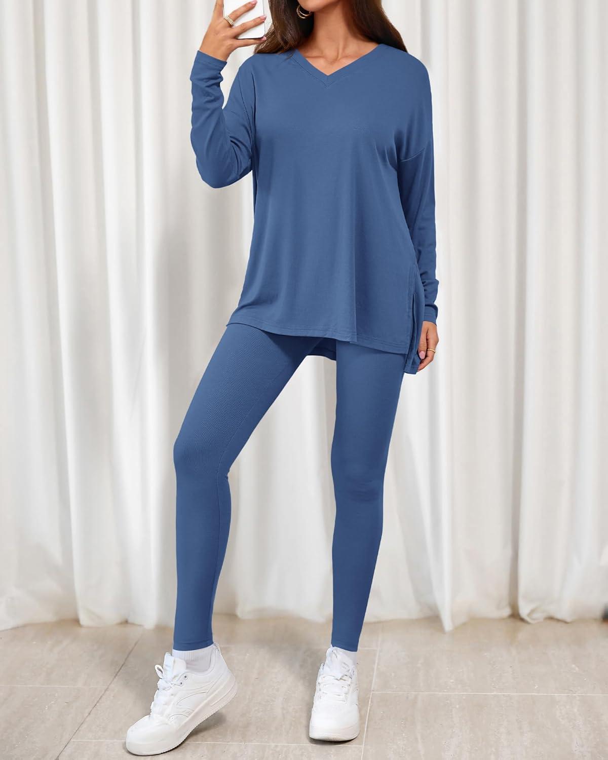 imageBTFBM Two Piece Sets for Women 2026 Casual Lounge Set Matching Oversized Shirts Leggings Workout Airport Travel OutfitsDusty Blue