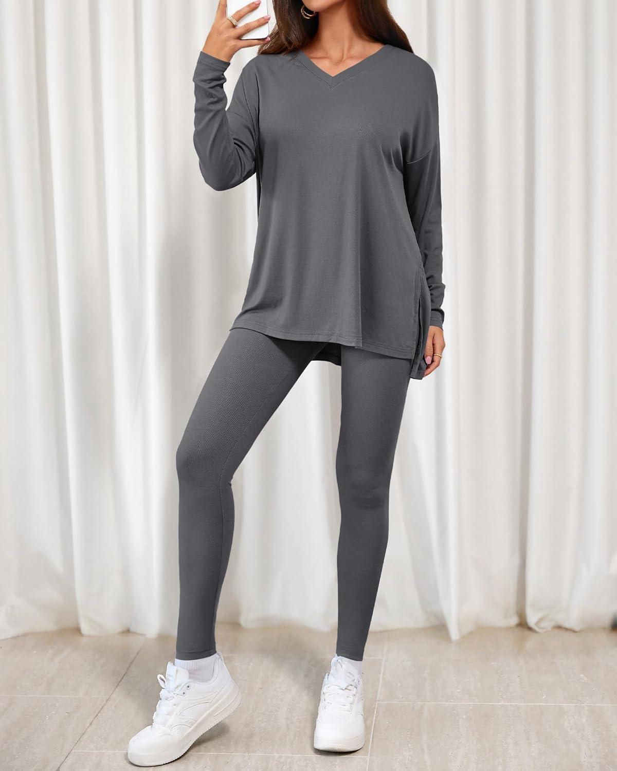 imageBTFBM Two Piece Sets for Women 2026 Casual Lounge Set Matching Oversized Shirts Leggings Workout Airport Travel OutfitsGrey