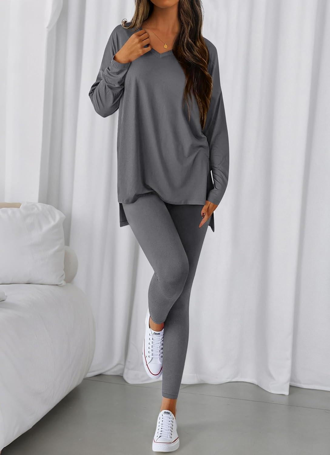 imageBTFBM Two Piece Sets for Women 2026 Casual Lounge Set Matching Oversized Shirts Leggings Workout Airport Travel OutfitsGrey