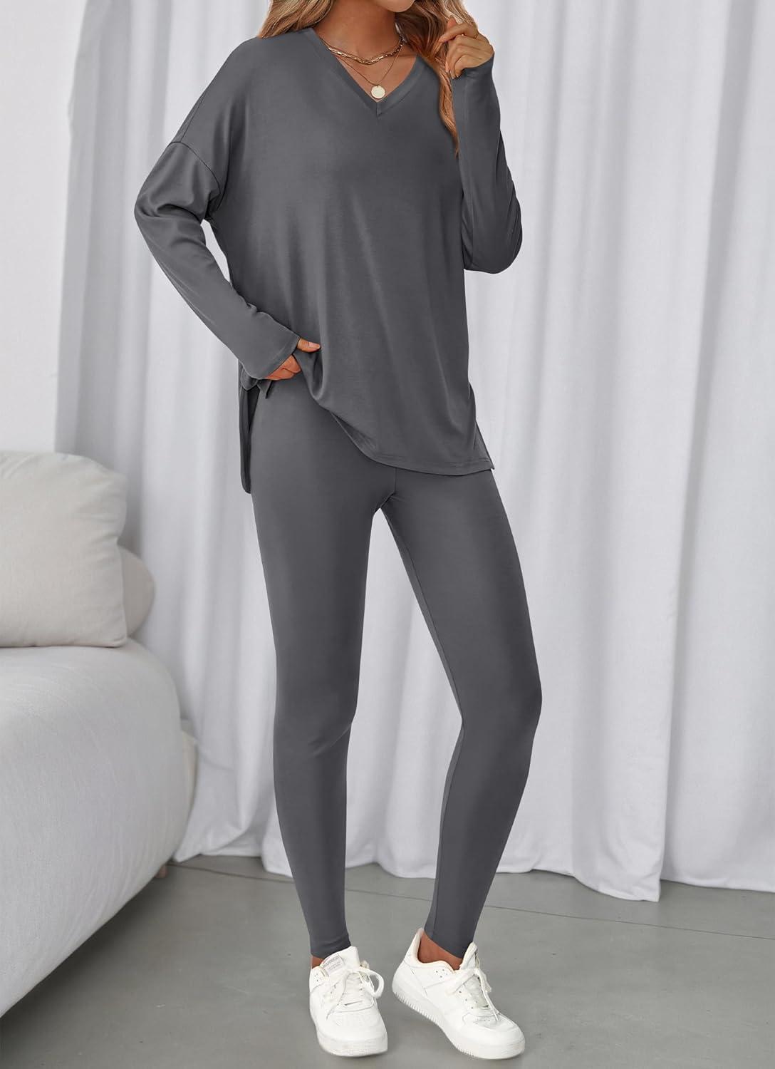 imageBTFBM Two Piece Sets for Women 2026 Casual Lounge Set Matching Oversized Shirts Leggings Workout Airport Travel OutfitsGrey