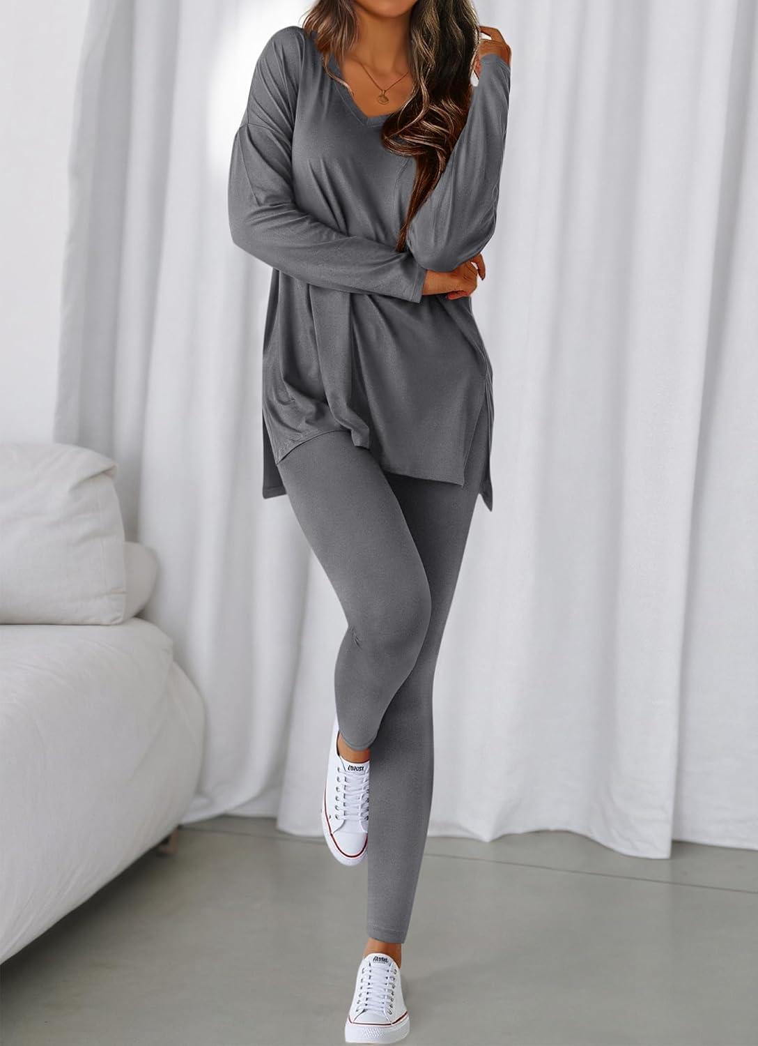 imageBTFBM Two Piece Sets for Women 2026 Casual Lounge Set Matching Oversized Shirts Leggings Workout Airport Travel OutfitsGrey