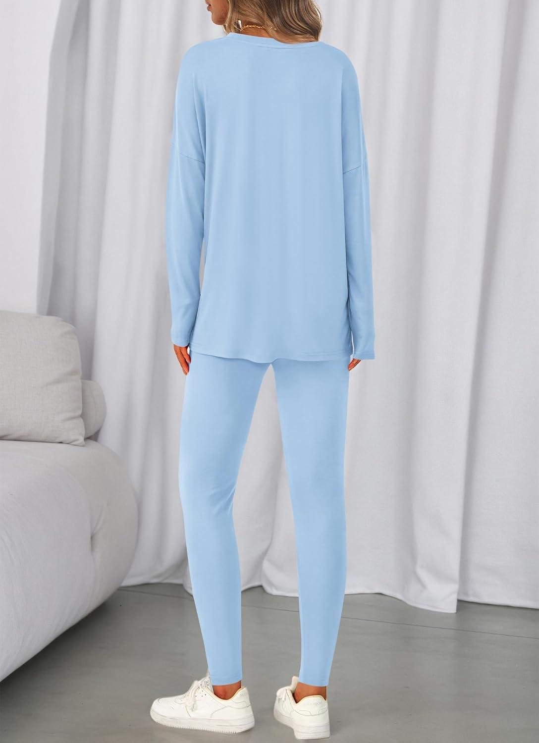 imageBTFBM Two Piece Sets for Women 2026 Casual Lounge Set Matching Oversized Shirts Leggings Workout Airport Travel OutfitsLight Blue