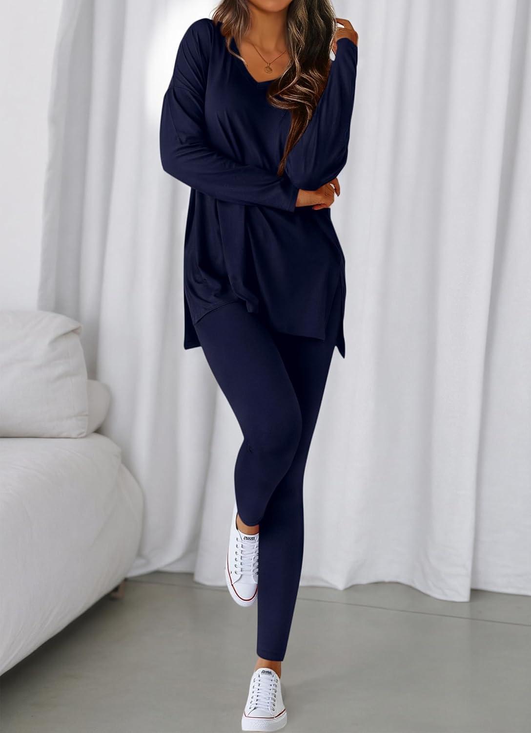 imageBTFBM Two Piece Sets for Women 2026 Casual Lounge Set Matching Oversized Shirts Leggings Workout Airport Travel OutfitsNavy Blue