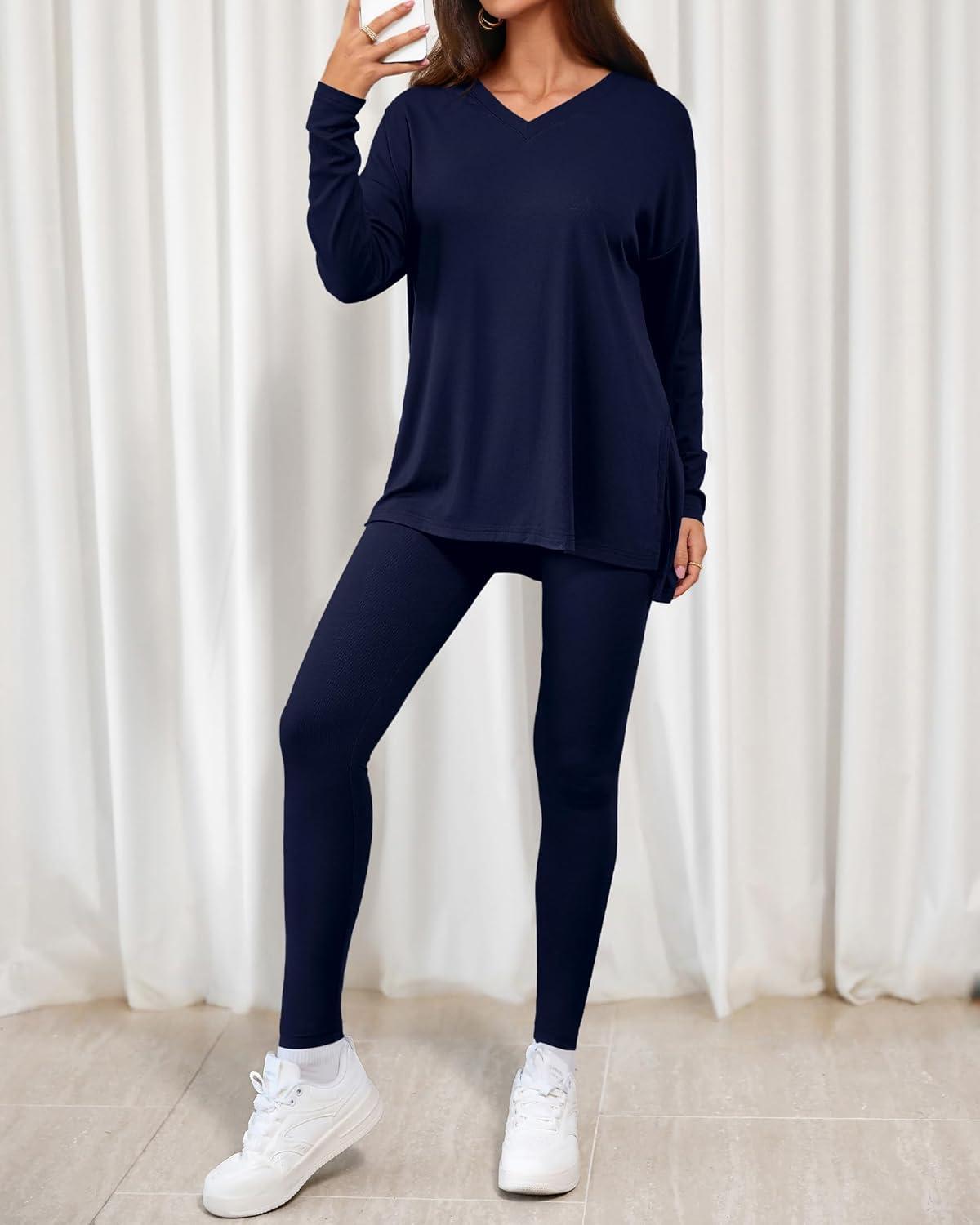 imageBTFBM Two Piece Sets for Women 2026 Casual Lounge Set Matching Oversized Shirts Leggings Workout Airport Travel OutfitsNavy Blue