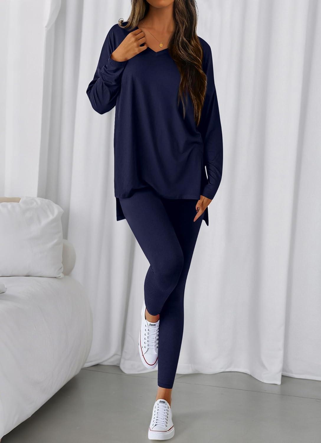 imageBTFBM Two Piece Sets for Women 2026 Casual Lounge Set Matching Oversized Shirts Leggings Workout Airport Travel OutfitsNavy Blue