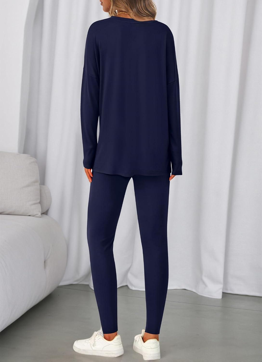 imageBTFBM Two Piece Sets for Women 2026 Casual Lounge Set Matching Oversized Shirts Leggings Workout Airport Travel OutfitsNavy Blue