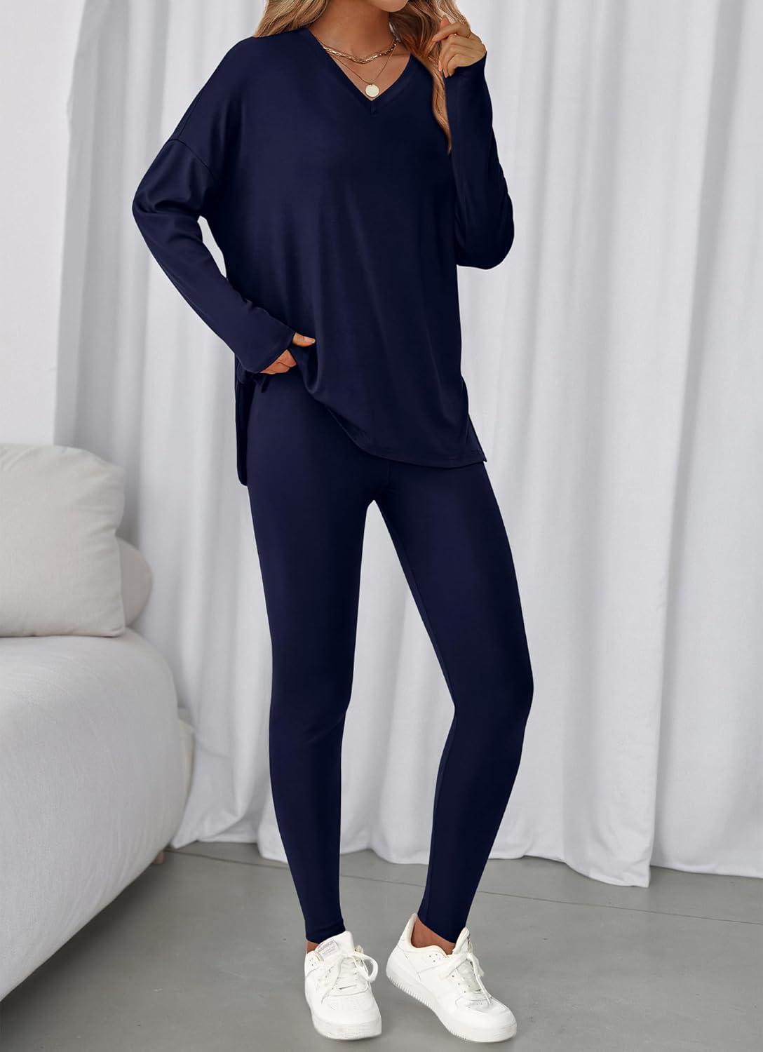imageBTFBM Two Piece Sets for Women 2026 Casual Lounge Set Matching Oversized Shirts Leggings Workout Airport Travel OutfitsNavy Blue