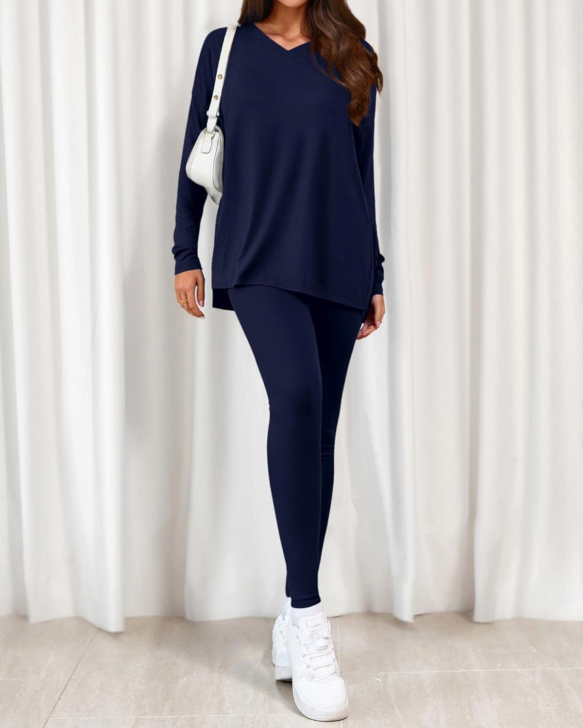 imageBTFBM Two Piece Sets for Women 2026 Casual Lounge Set Matching Oversized Shirts Leggings Workout Airport Travel OutfitsNavy Blue