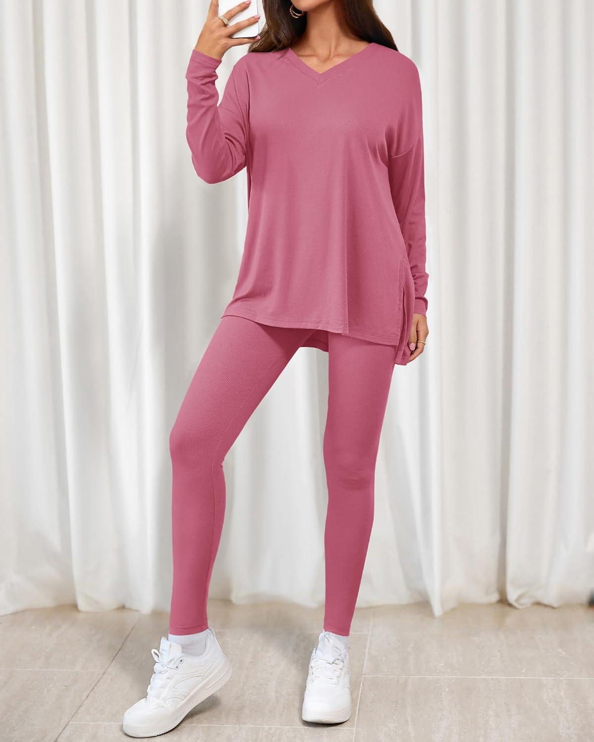 imageBTFBM Two Piece Sets for Women 2026 Casual Lounge Set Matching Oversized Shirts Leggings Workout Airport Travel OutfitsPink