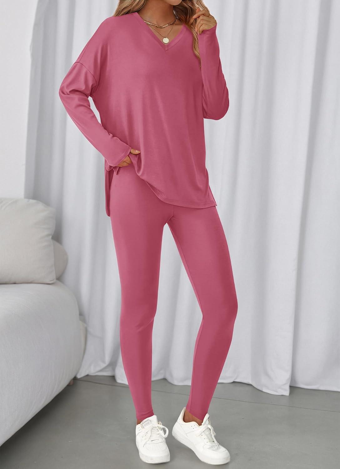 imageBTFBM Two Piece Sets for Women 2026 Casual Lounge Set Matching Oversized Shirts Leggings Workout Airport Travel OutfitsPink