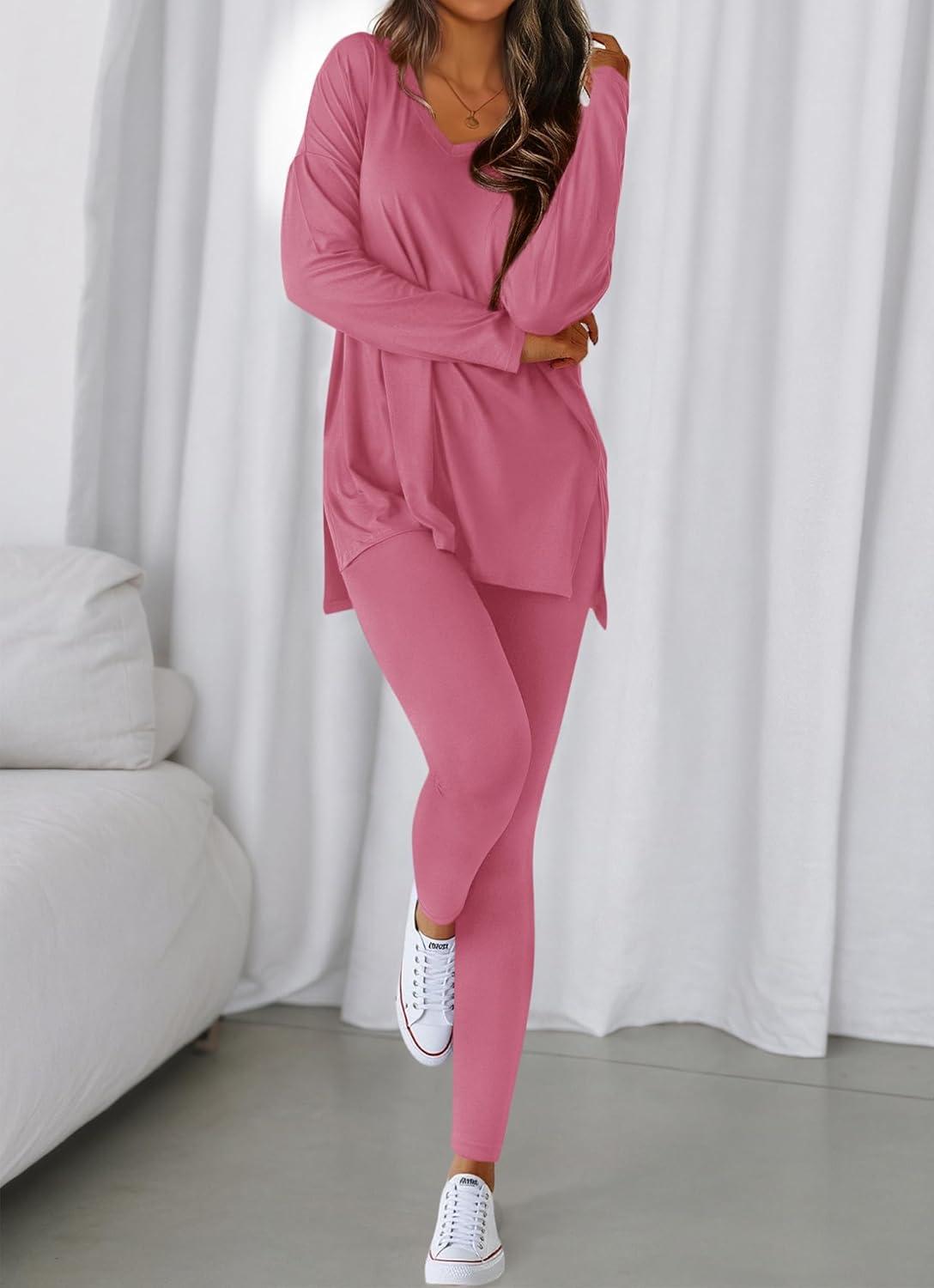 imageBTFBM Two Piece Sets for Women 2026 Casual Lounge Set Matching Oversized Shirts Leggings Workout Airport Travel OutfitsPink