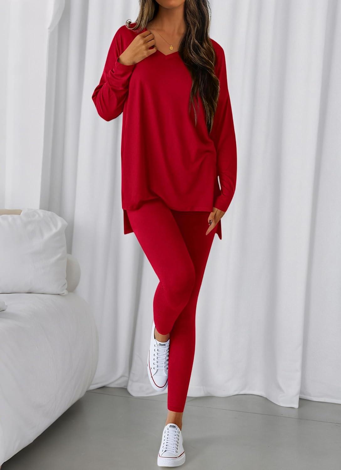 imageBTFBM Two Piece Sets for Women 2026 Casual Lounge Set Matching Oversized Shirts Leggings Workout Airport Travel OutfitsRed