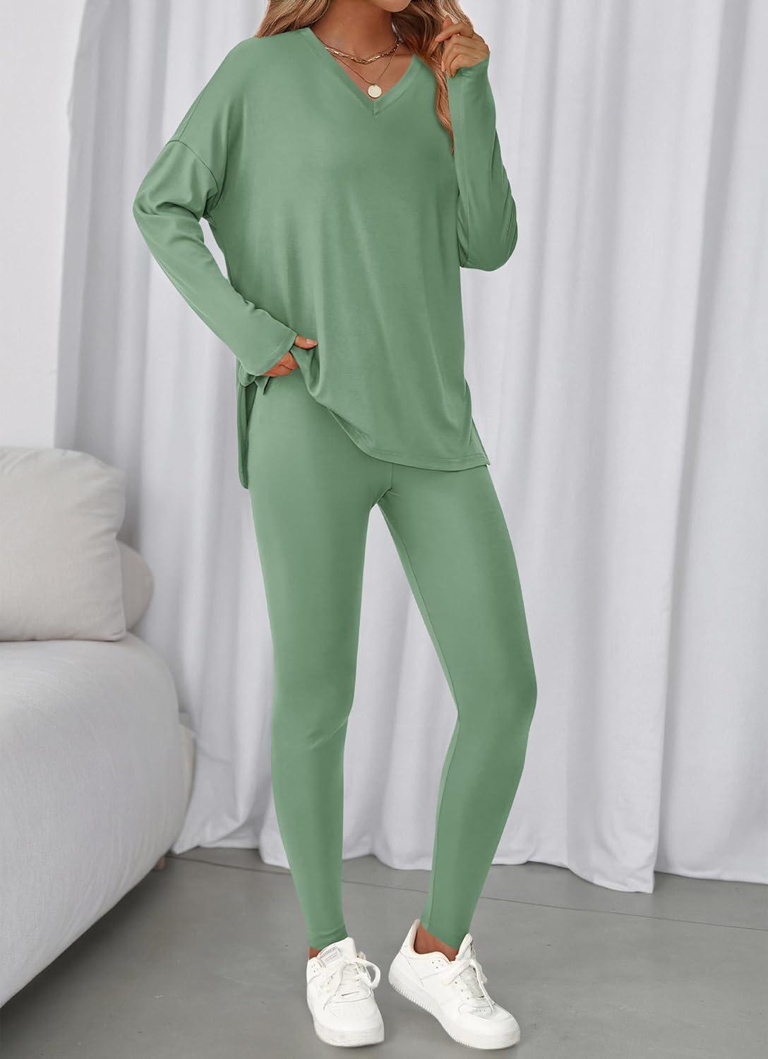 imageBTFBM Two Piece Sets for Women 2026 Casual Lounge Set Matching Oversized Shirts Leggings Workout Airport Travel OutfitsSage Green