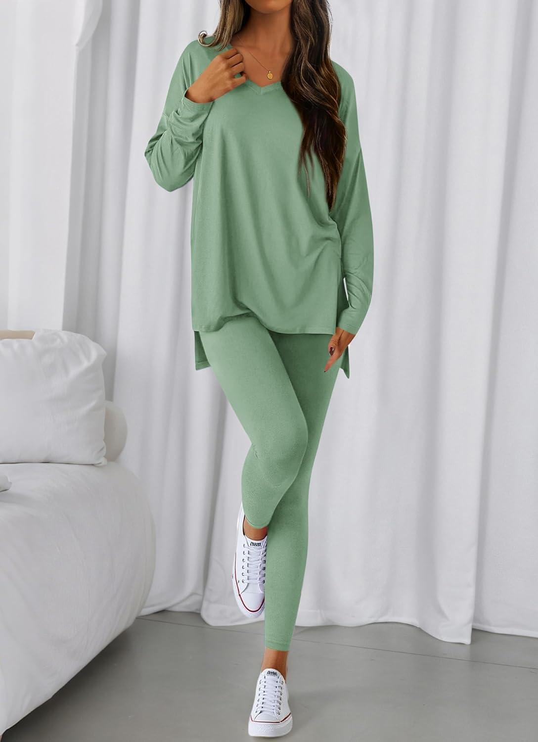 imageBTFBM Two Piece Sets for Women 2026 Casual Lounge Set Matching Oversized Shirts Leggings Workout Airport Travel OutfitsSage Green