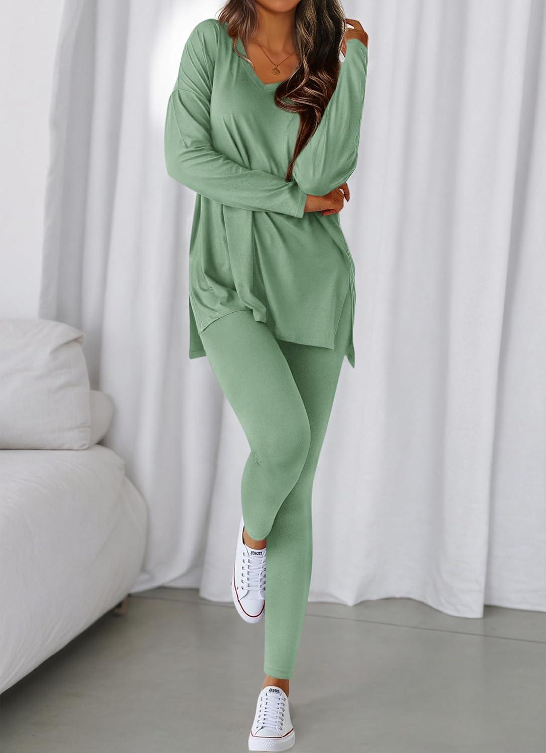 imageBTFBM Two Piece Sets for Women 2026 Casual Lounge Set Matching Oversized Shirts Leggings Workout Airport Travel OutfitsSage Green