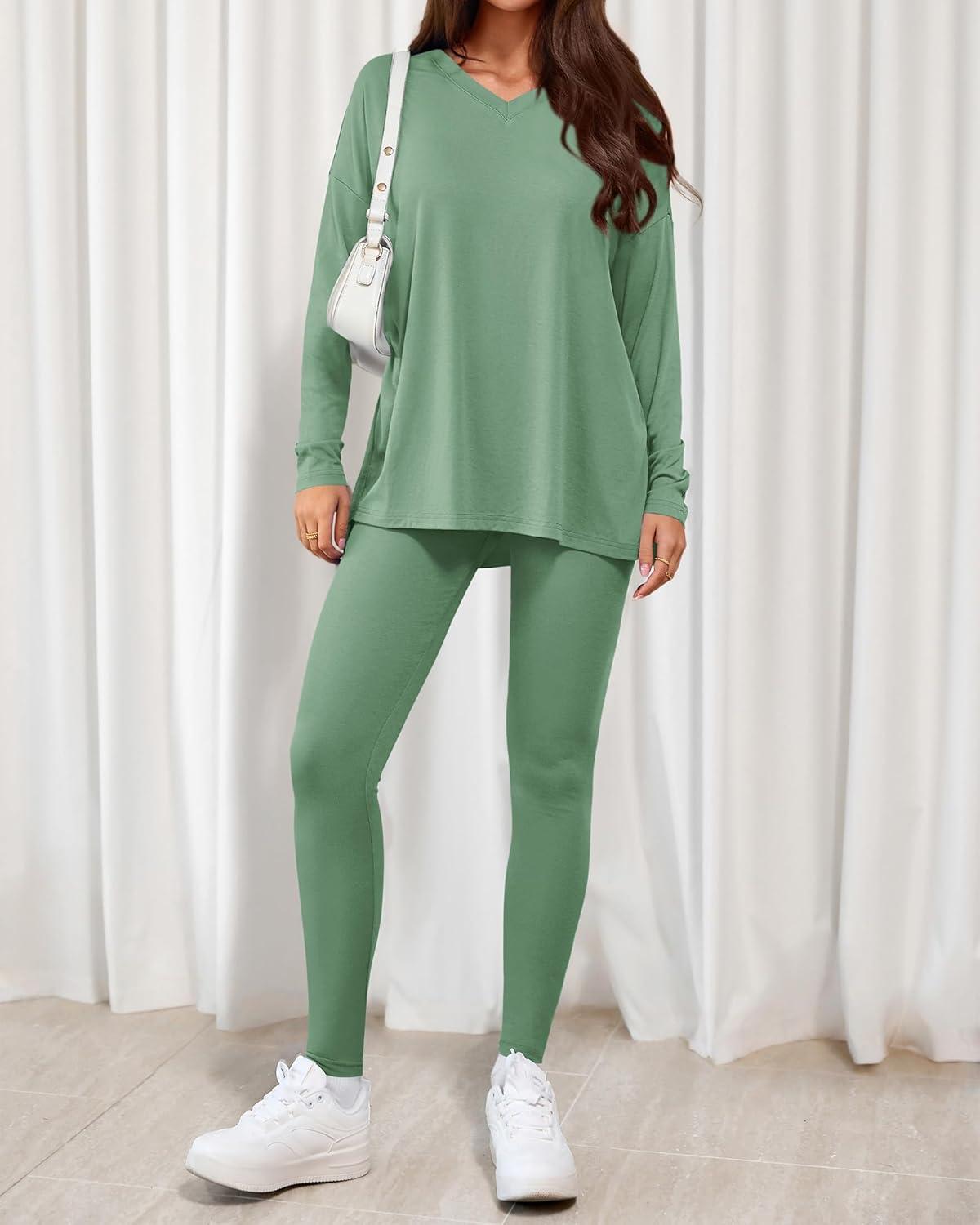 imageBTFBM Two Piece Sets for Women 2026 Casual Lounge Set Matching Oversized Shirts Leggings Workout Airport Travel OutfitsSage Green