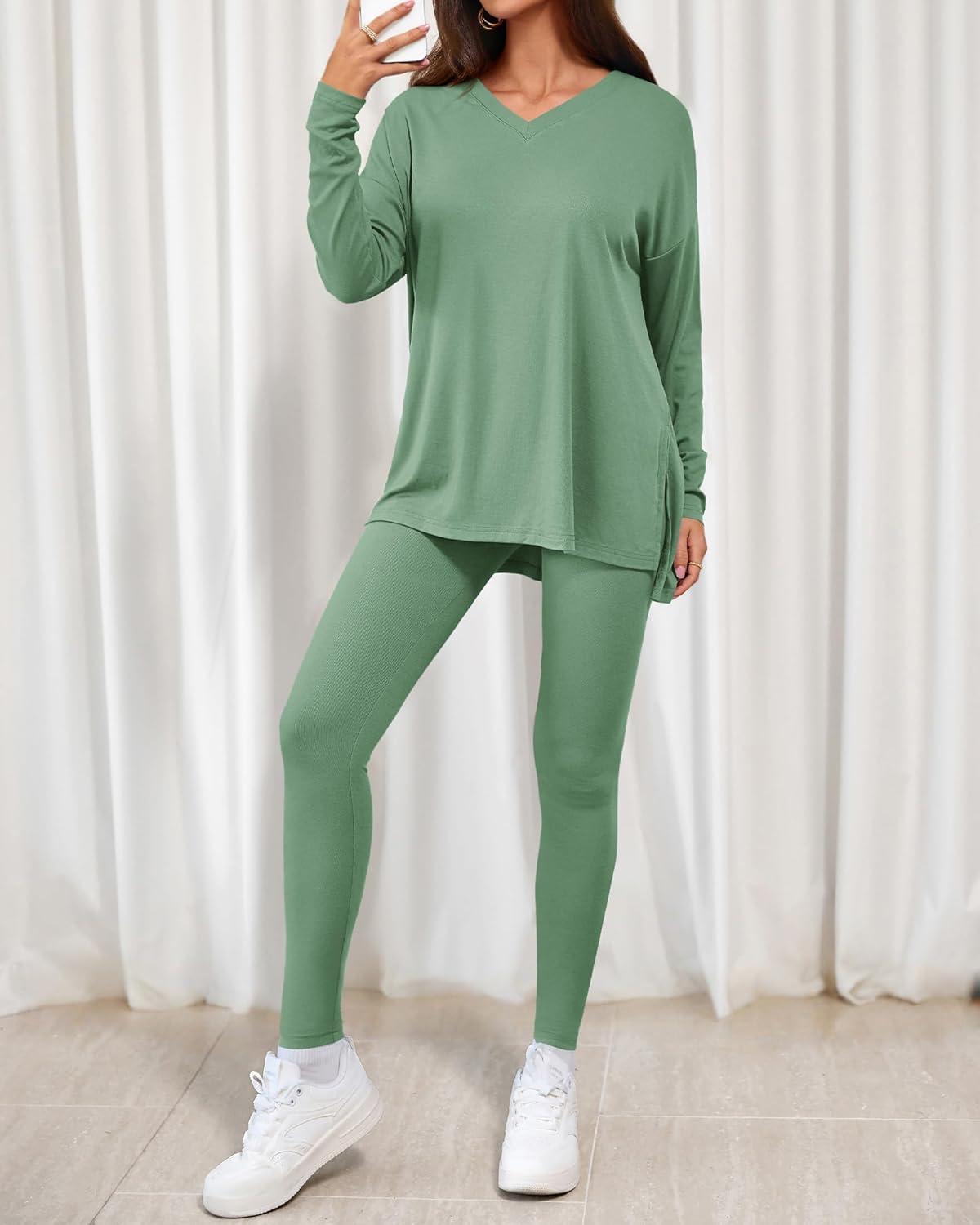 imageBTFBM Two Piece Sets for Women 2026 Casual Lounge Set Matching Oversized Shirts Leggings Workout Airport Travel OutfitsSage Green