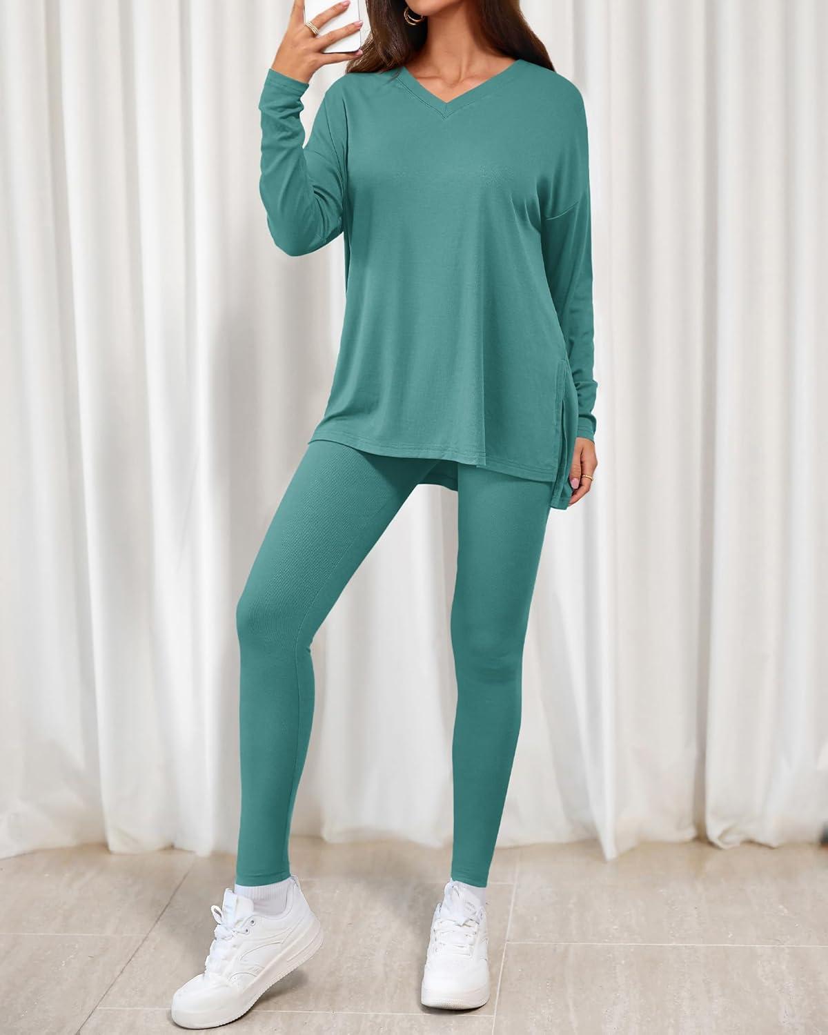 imageBTFBM Two Piece Sets for Women 2026 Casual Lounge Set Matching Oversized Shirts Leggings Workout Airport Travel OutfitsTurquoise