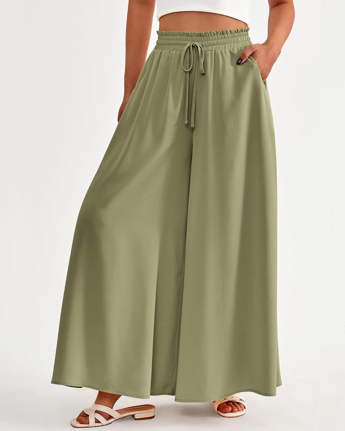imageBTFBM Women Casual High Waist Wide Leg Pants 2026 Spring Summer Long Palazzo Pants Pocket Lounge Beach Vacation ClothesSolid Light Army Green