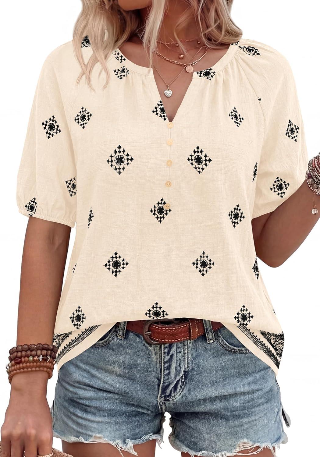 imageBTFBM Womens Summer Tops Boho V Neck Short Sleeve Dressy Casual Business Blouses Flowy Floral Print Shirt Trendy 2026Floral Apricot Black