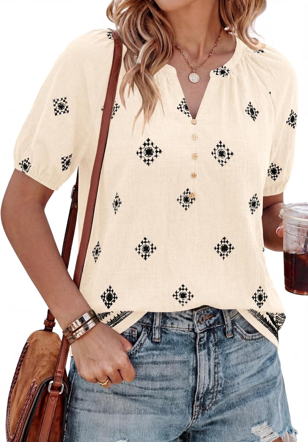 imageBTFBM Womens Summer Tops Boho V Neck Short Sleeve Dressy Casual Business Blouses Flowy Floral Print Shirt Trendy 2026Floral Apricot Black