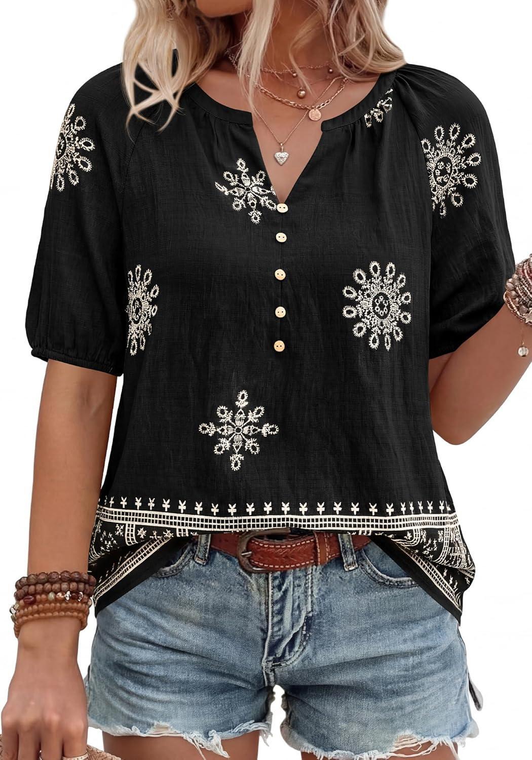 imageBTFBM Womens Summer Tops Boho V Neck Short Sleeve Dressy Casual Business Blouses Flowy Floral Print Shirt Trendy 2026Floral Black Apricot