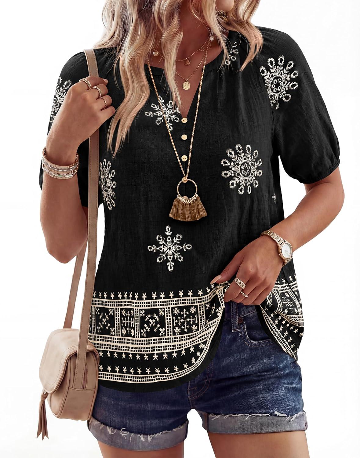 imageBTFBM Womens Summer Tops Boho V Neck Short Sleeve Dressy Casual Business Blouses Flowy Floral Print Shirt Trendy 2026Floral Black Apricot