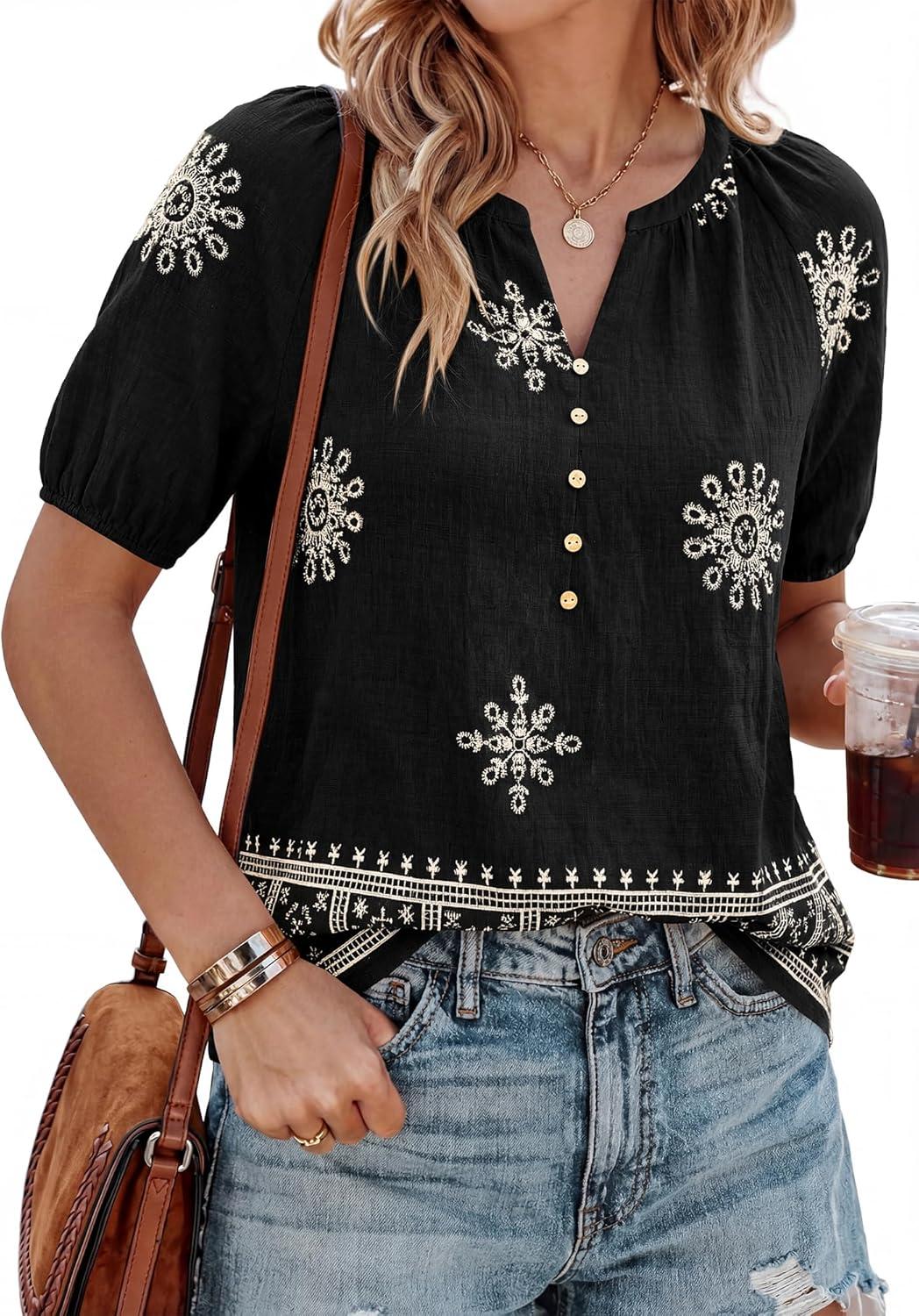 imageBTFBM Womens Summer Tops Boho V Neck Short Sleeve Dressy Casual Business Blouses Flowy Floral Print Shirt Trendy 2026Floral Black Apricot