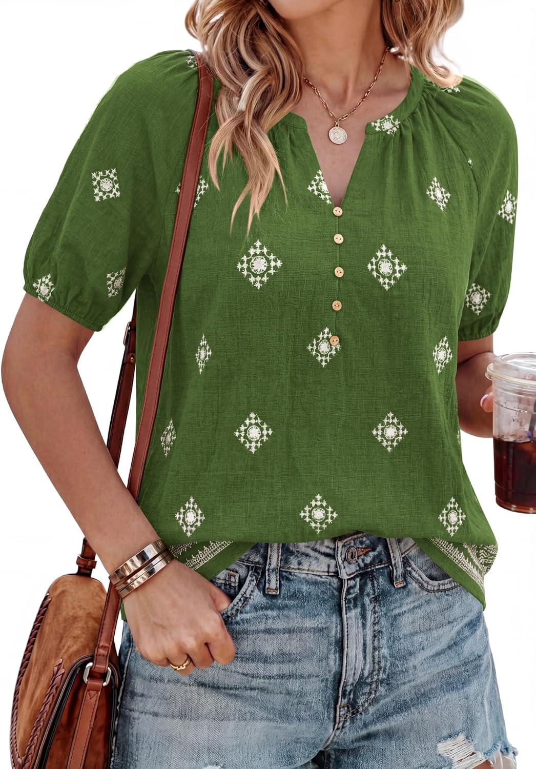 imageBTFBM Womens Summer Tops Boho V Neck Short Sleeve Dressy Casual Business Blouses Flowy Floral Print Shirt Trendy 2026Floral Green White