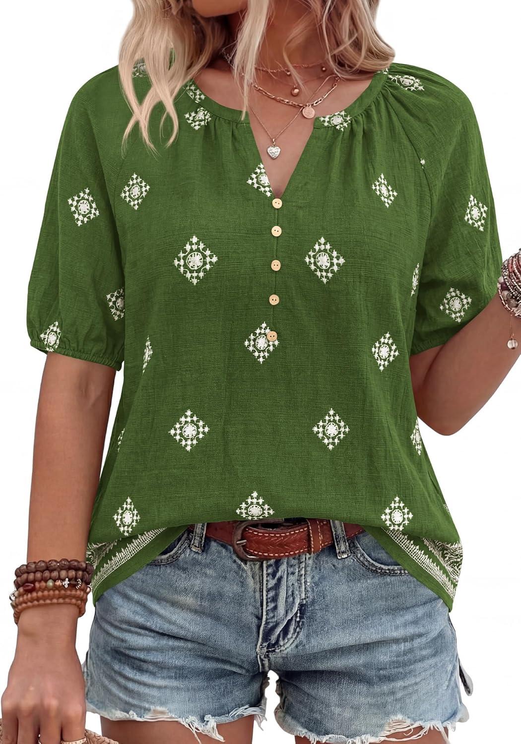 imageBTFBM Womens Summer Tops Boho V Neck Short Sleeve Dressy Casual Business Blouses Flowy Floral Print Shirt Trendy 2026Floral Green White